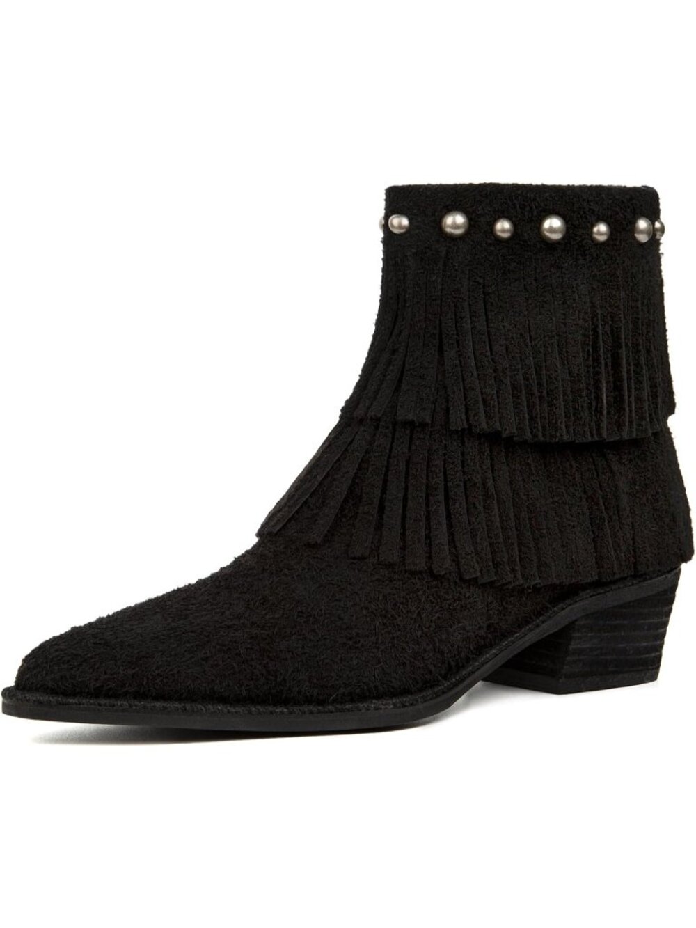 Women's Black Suede Ankle Boots Pointed Toe with Zipper Studded Cowgirl Boots